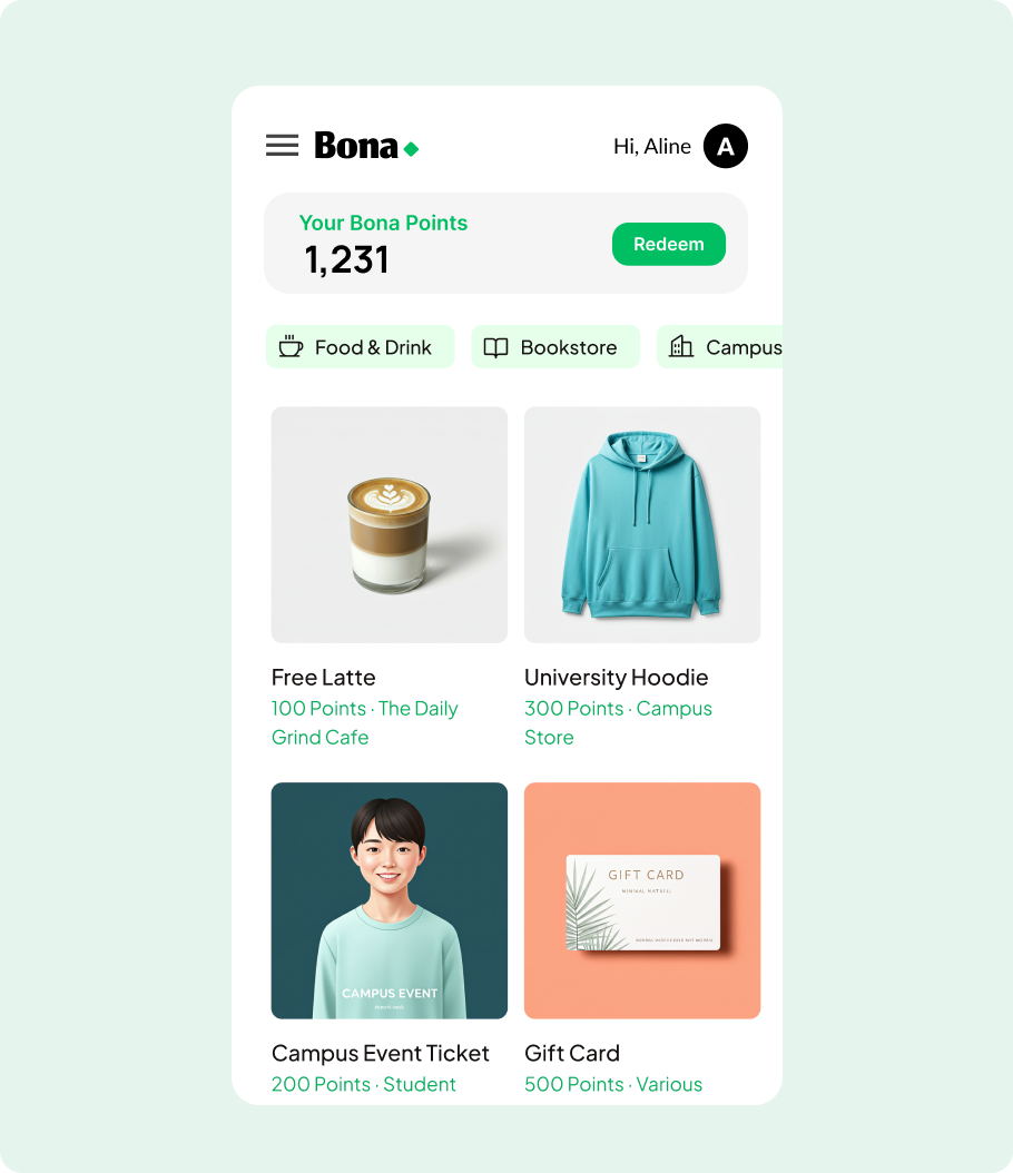 Bona Student Mobile App - Rewards dashboard showing points earned for on-time payments